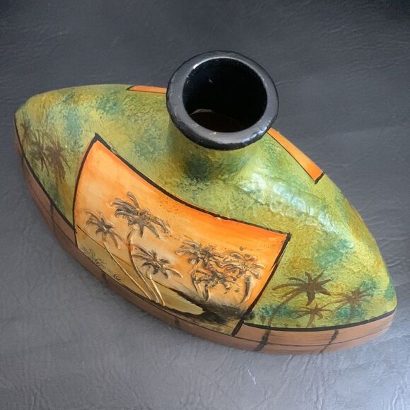 PalmTree Ceramic Vase Hand painted Gold Flaked Green Brown 13 X 8 1/2 Inch Tall - Picture 6 of 7